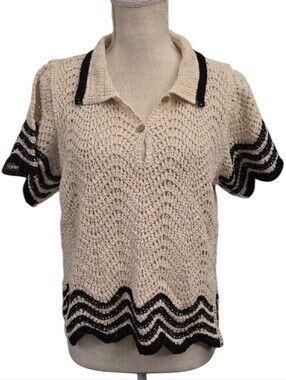 Solitaire Cream Crochet Polo Top with Black Trim Accents